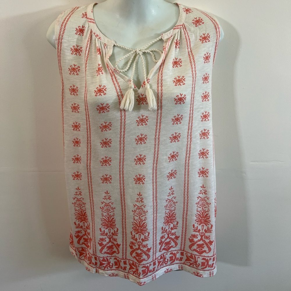 Lucky Brand Boho Sleeveless Tassel Coral & Cream Size Small